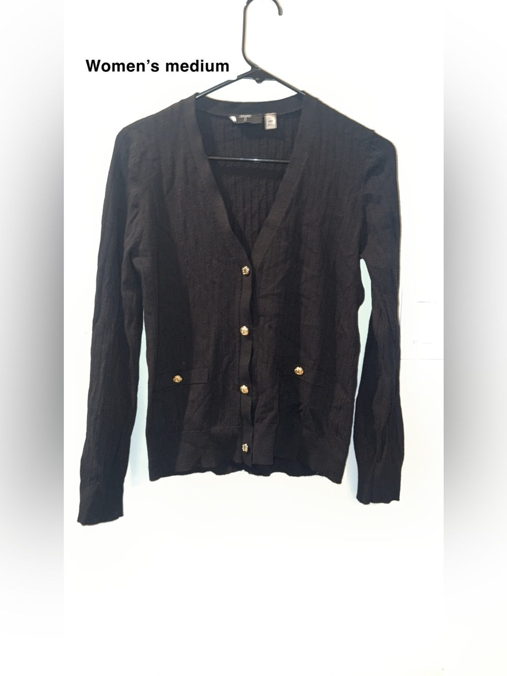 Black Women's V-Neck Cardigan Sweater with Gold Buttons